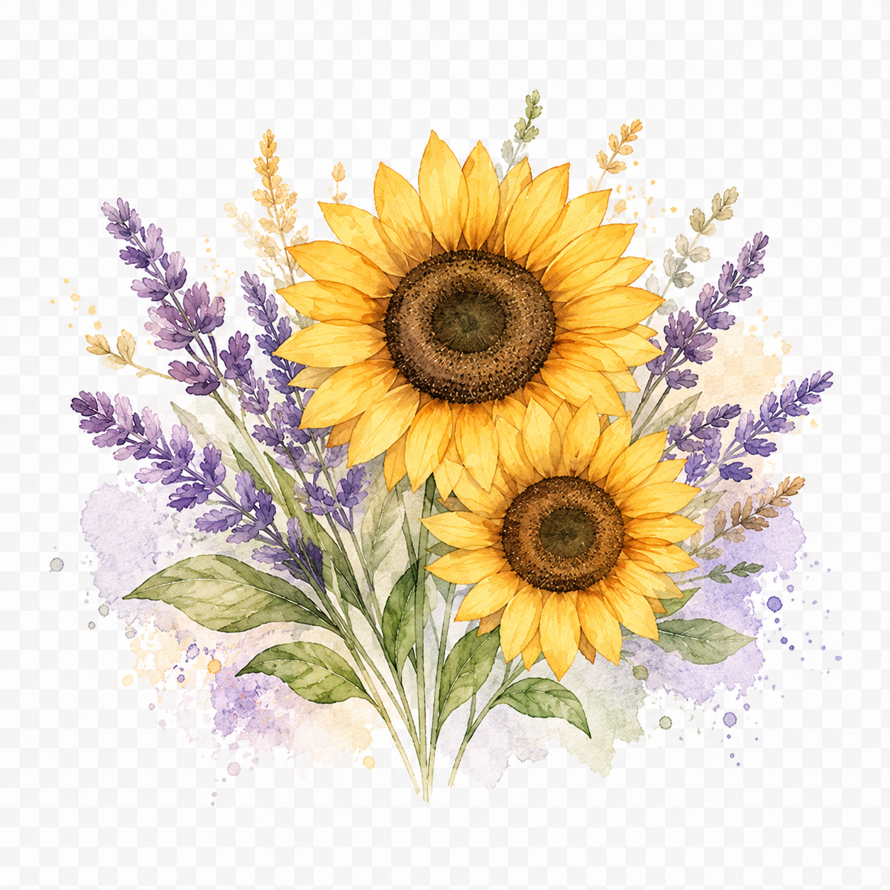 Watercolor of sunflowers and lavender in bloom