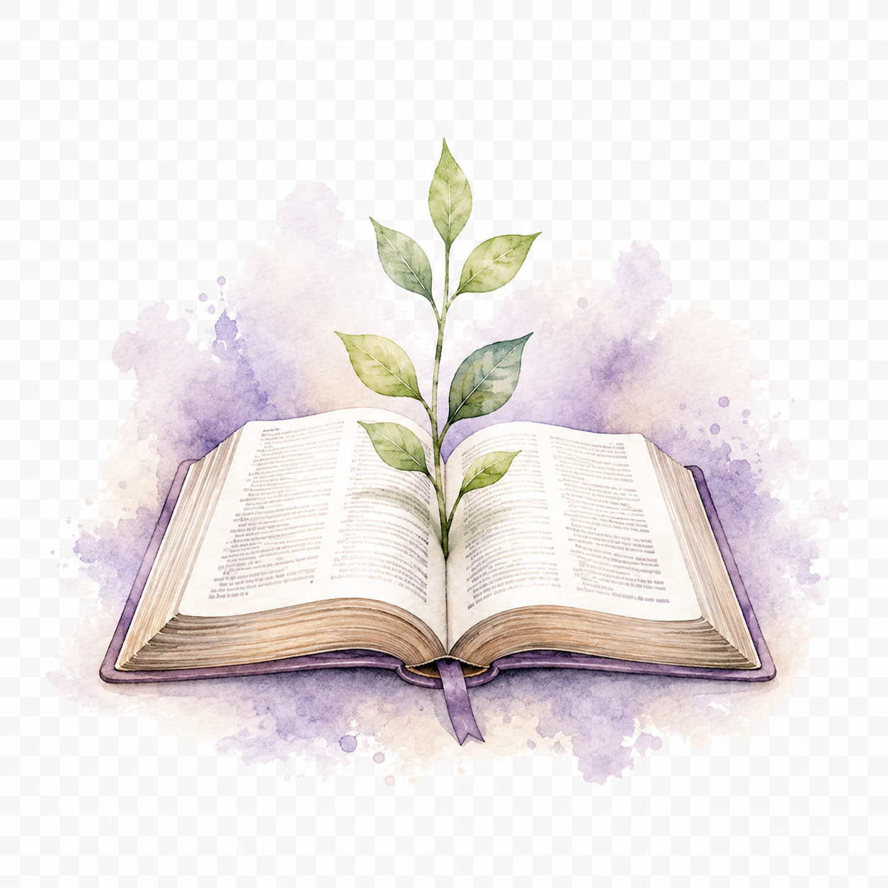 Watercolor of an open Bible with a leafy branch growing from it