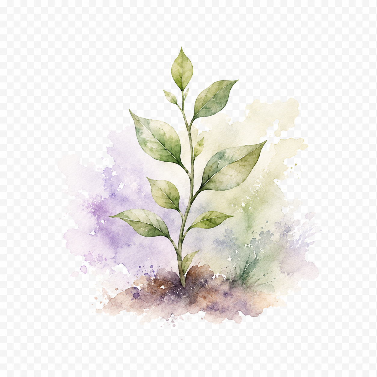 Watercolor of a small green plant rising from the soil