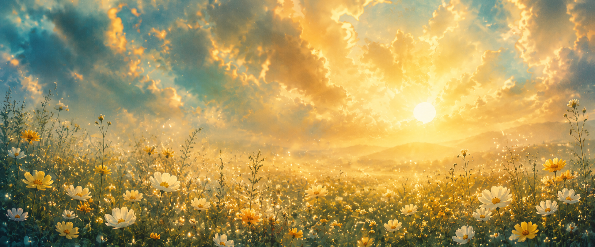 Wildflower meadow at sunrise with radiant golden clouds