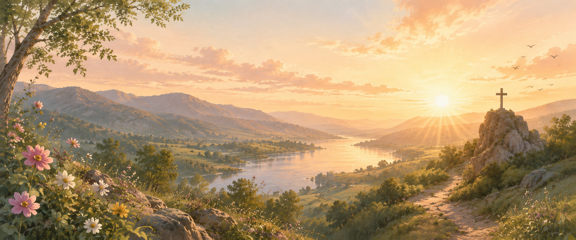 Peaceful river valley at sunset with a cross on a hillside