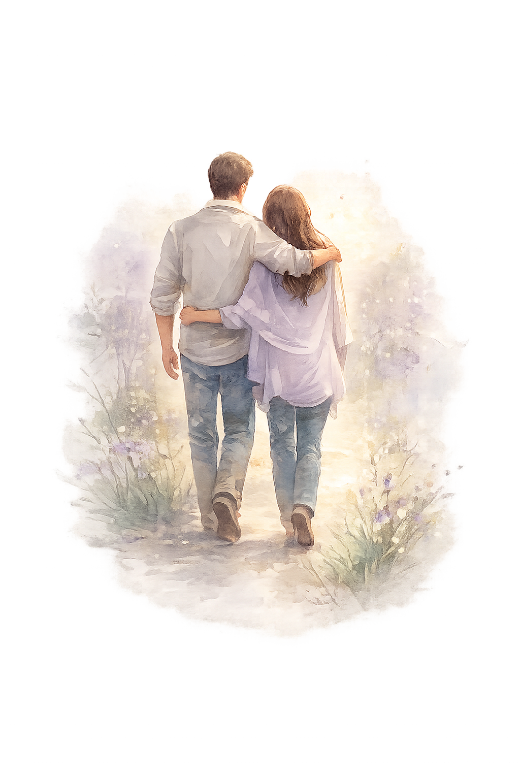 Watercolor of a couple walking together through wildflowers