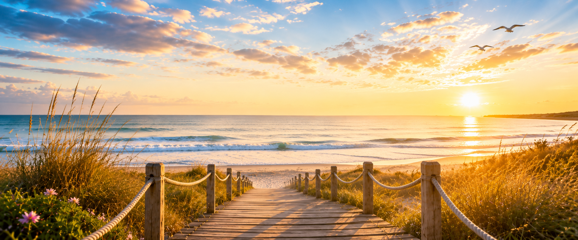 Wooden boardwalk leading to the beach at golden sunrise